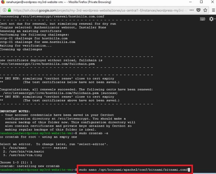 install free SSL certificate -bitnami wordpress-Google cloud platform