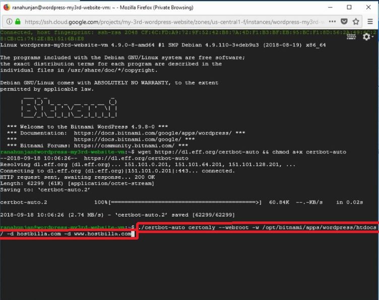 install free SSL certificate -bitnami wordpress-Google cloud platform