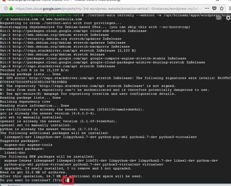 install free SSL certificate -bitnami wordpress-Google cloud platform